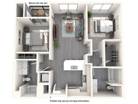 Floor plan for 2 beds, 2 baths, 1046 sqft